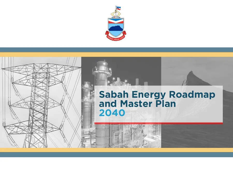 Cover page of the Sabah Energy Roadmap and Master Plan 2040: the Sabah state crest above a banner of a transmission tower, a gas-fired power station and a mountain peak, with the title across a pale panel