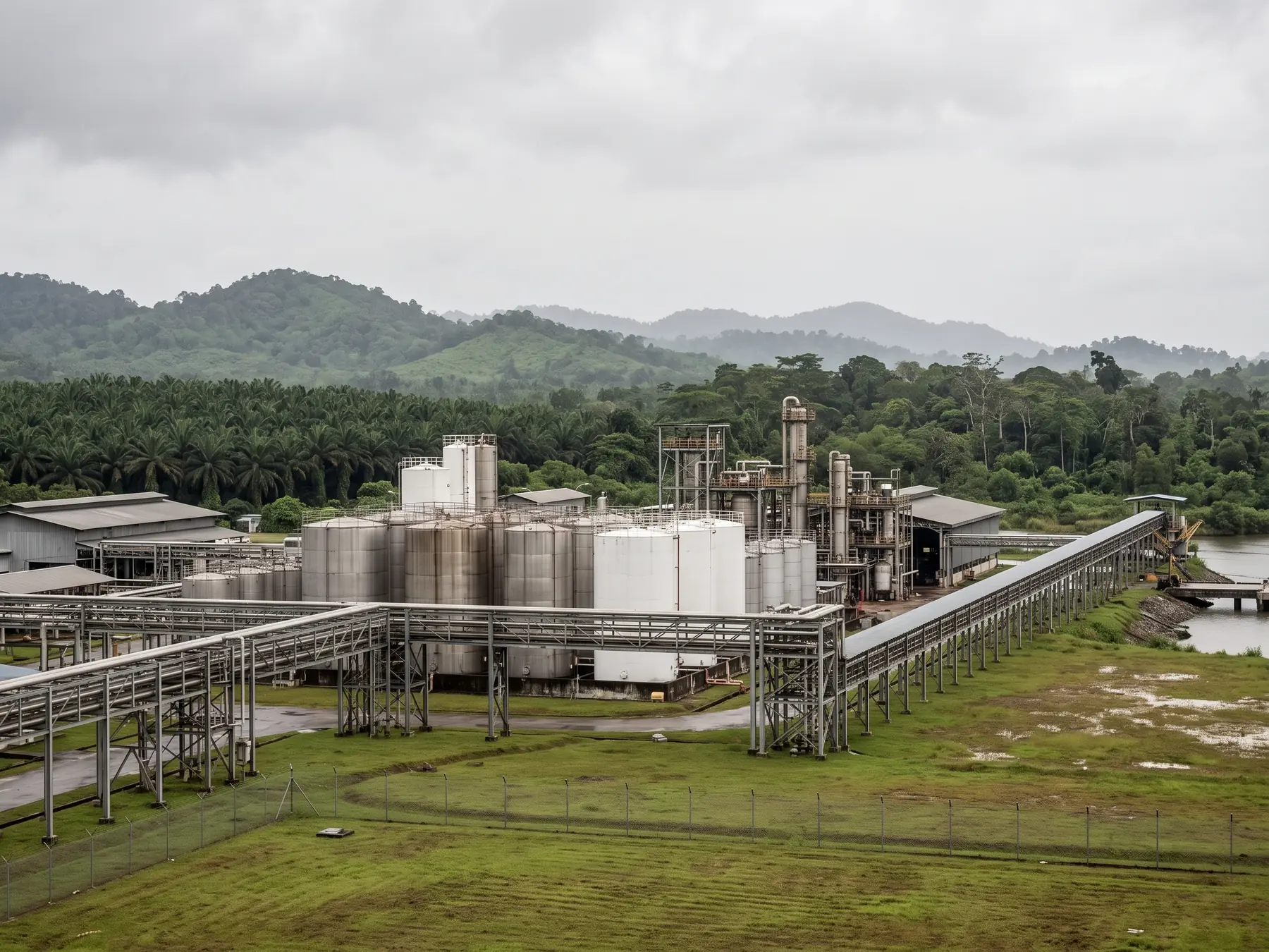 A palm-oil downstream processing plant photographed from a low rise: a tank farm of stainless steel and white storage tanks, an elevated pipe rack, a covered conveyor running to a bulk jetty on a river, with mature oil palm, secondary forest and low green hills behind under overcast light