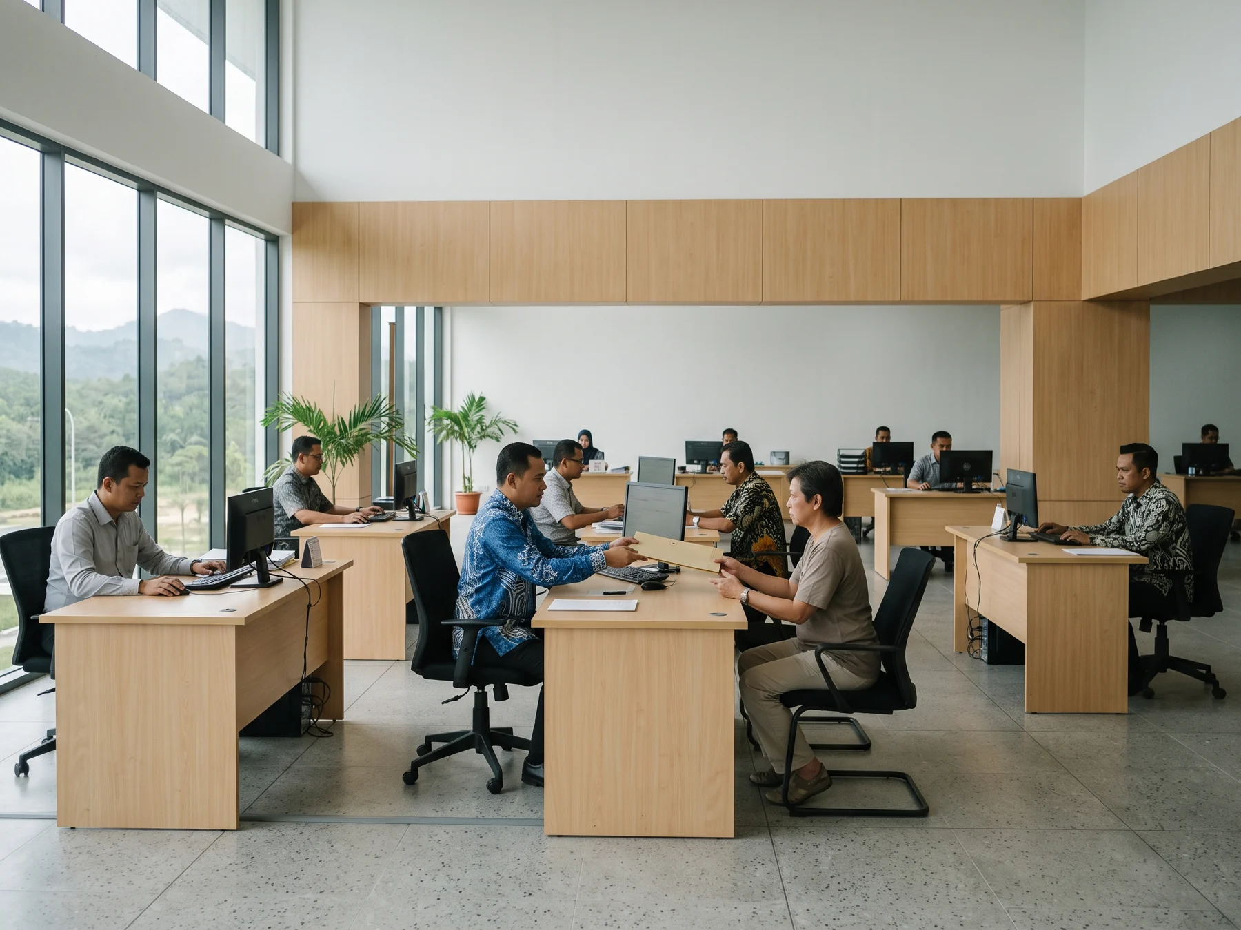 Officers in batik and office shirts working at timber desks in a bright open-plan licensing office, one handing a document folder to a visitor seated across the desk, forested hills outside the tall windows