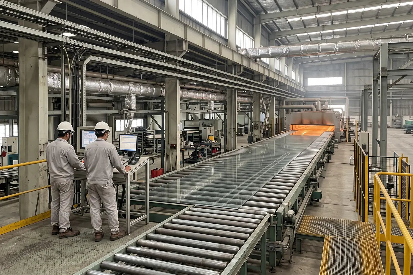 Large sheets of clear float glass moving along a roller conveyor towards an annealing furnace, with two operators at a control station