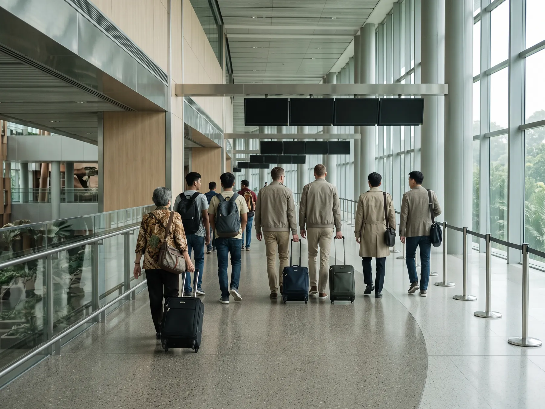 Arriving travellers with wheeled cabin bags walking away from camera along the sunlit arrivals concourse of a modern tropical airport, glass balustrade to the left and tall windows to the right